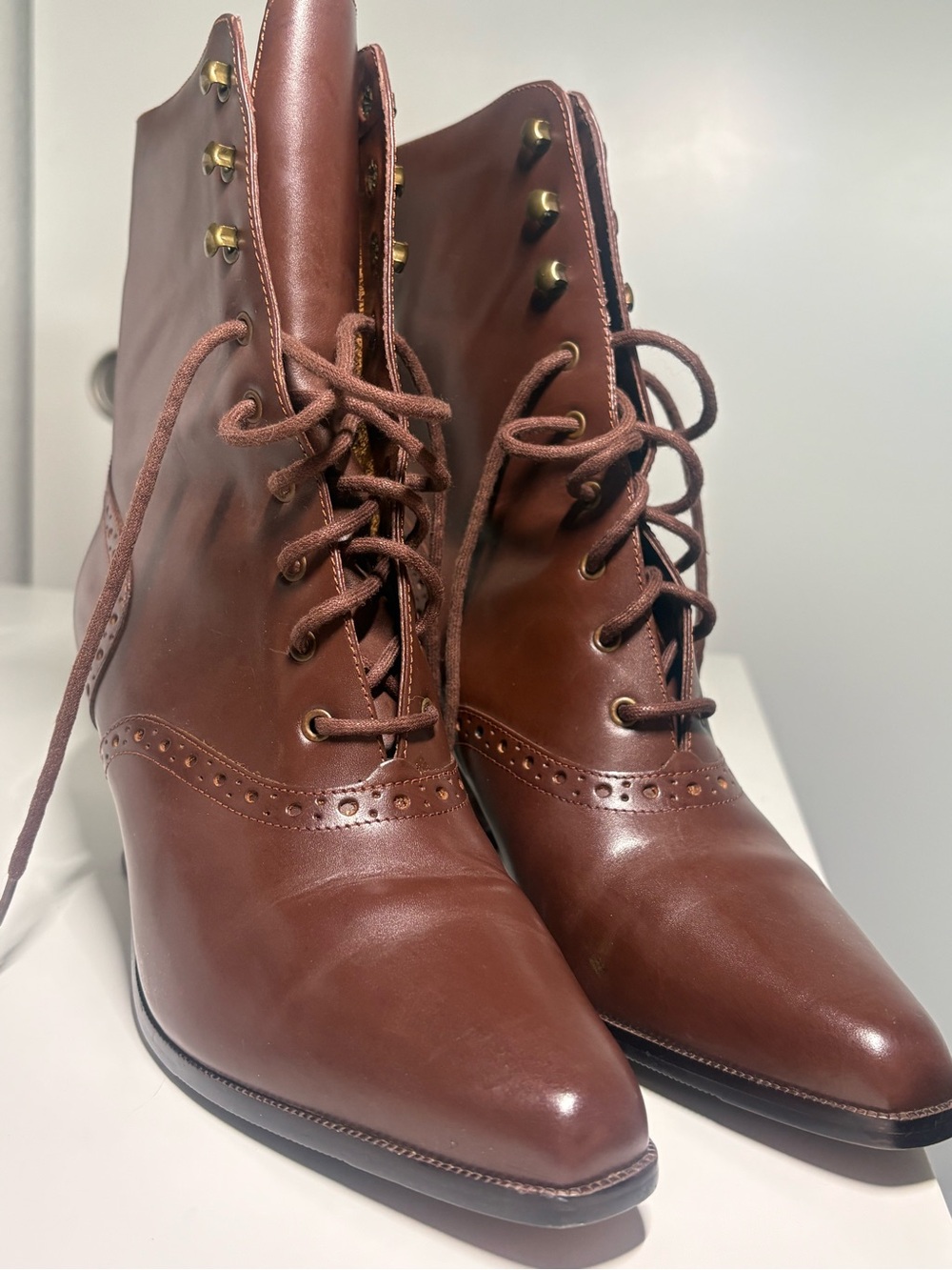 Courtney Taylor Western Victorian Lace-Up Square Toe Leather Upper Brown Boots